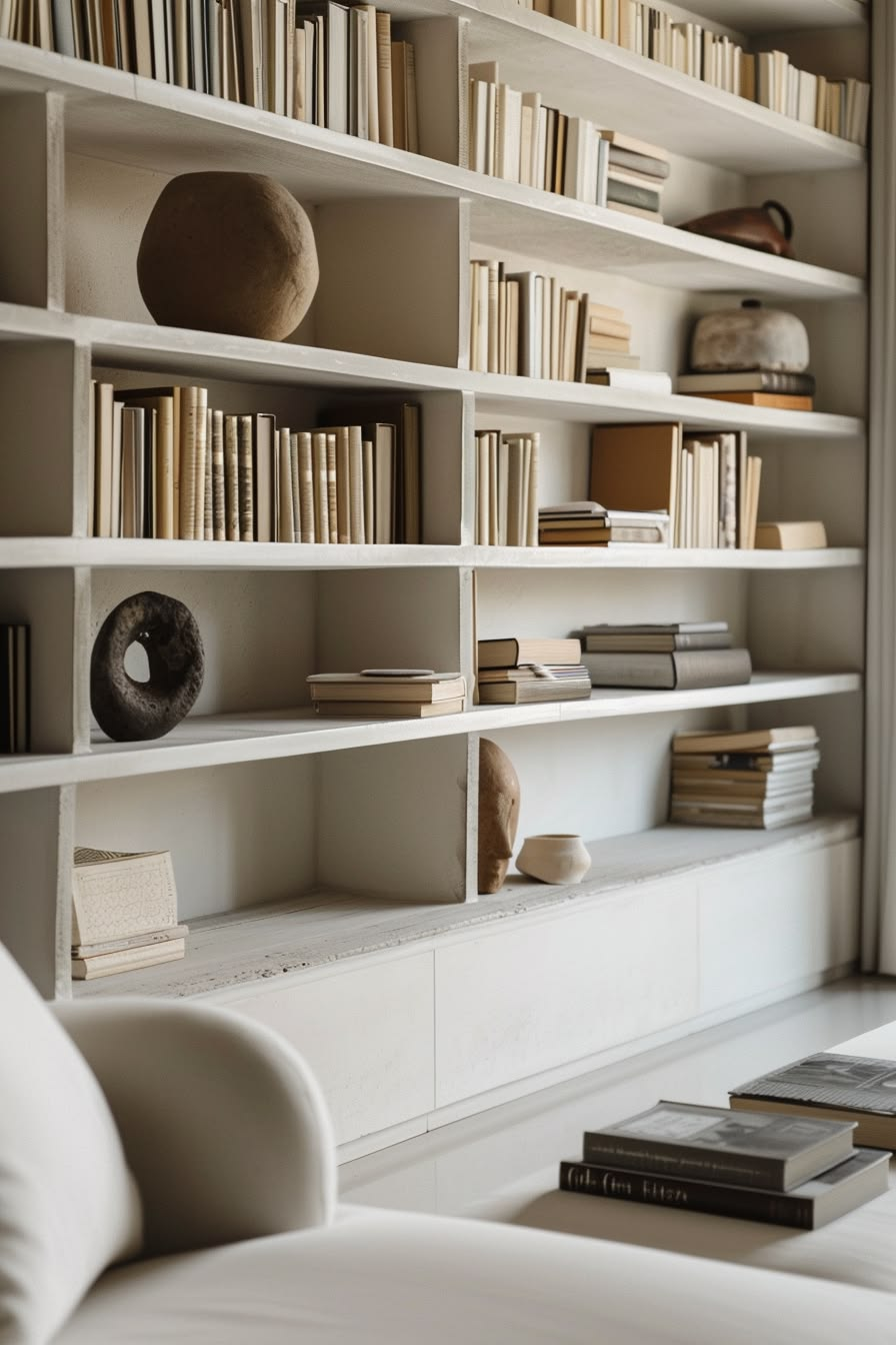 Biblioteca con estantes blancos y libros