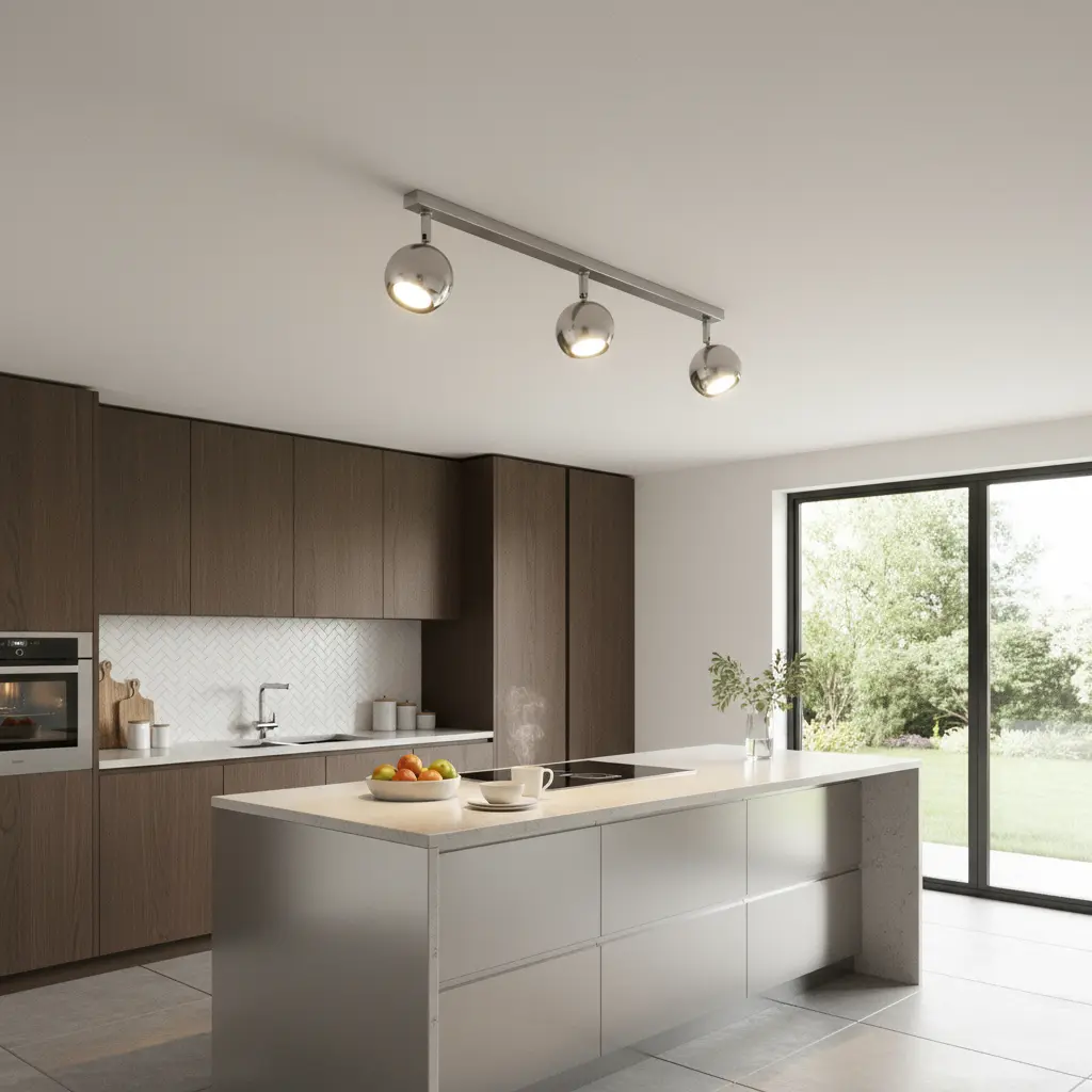 Cocina moderna con isla central y ventanal al jardín